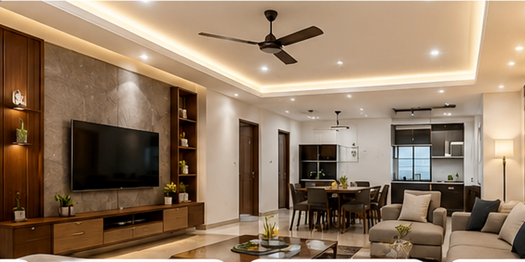 Premium living room interior with warm wood finishes and false ceiling lighting