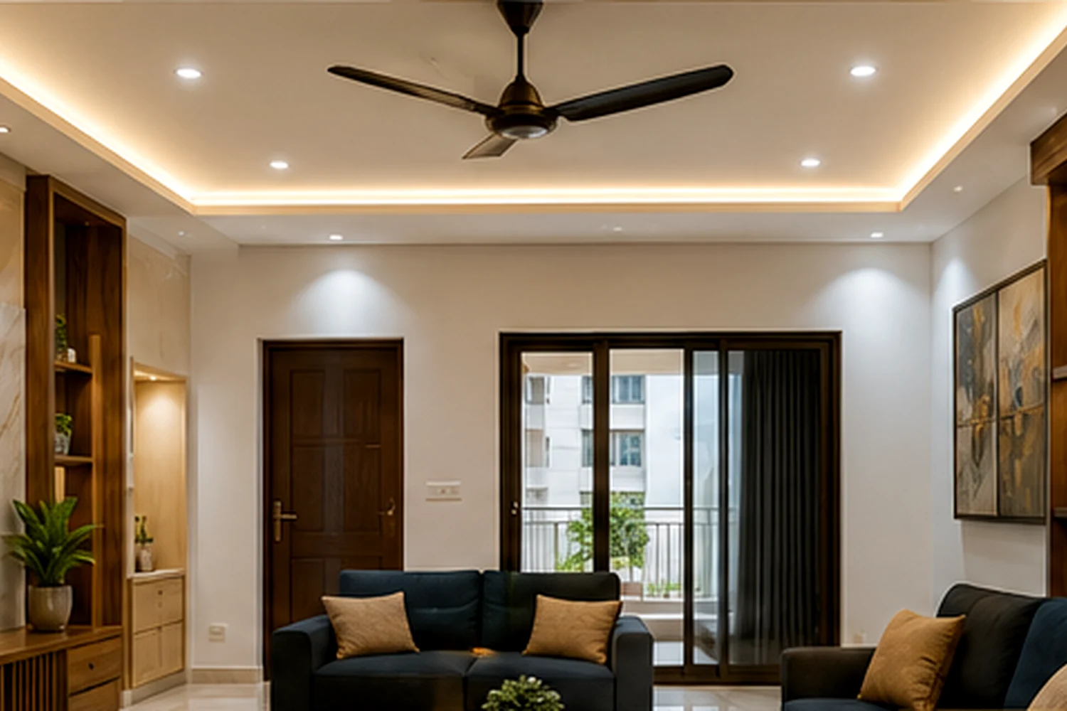 Warm living room interior with dark seating and wood cabinetry